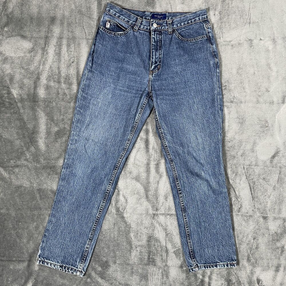 GUESS Jean Womens 32 Blue Medium Wash Tapered Denim Logo Regular Fit 100% Cotton